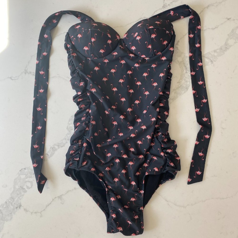 Albion Flamingo on Charcoal Whole Piece Swimsuit, XS